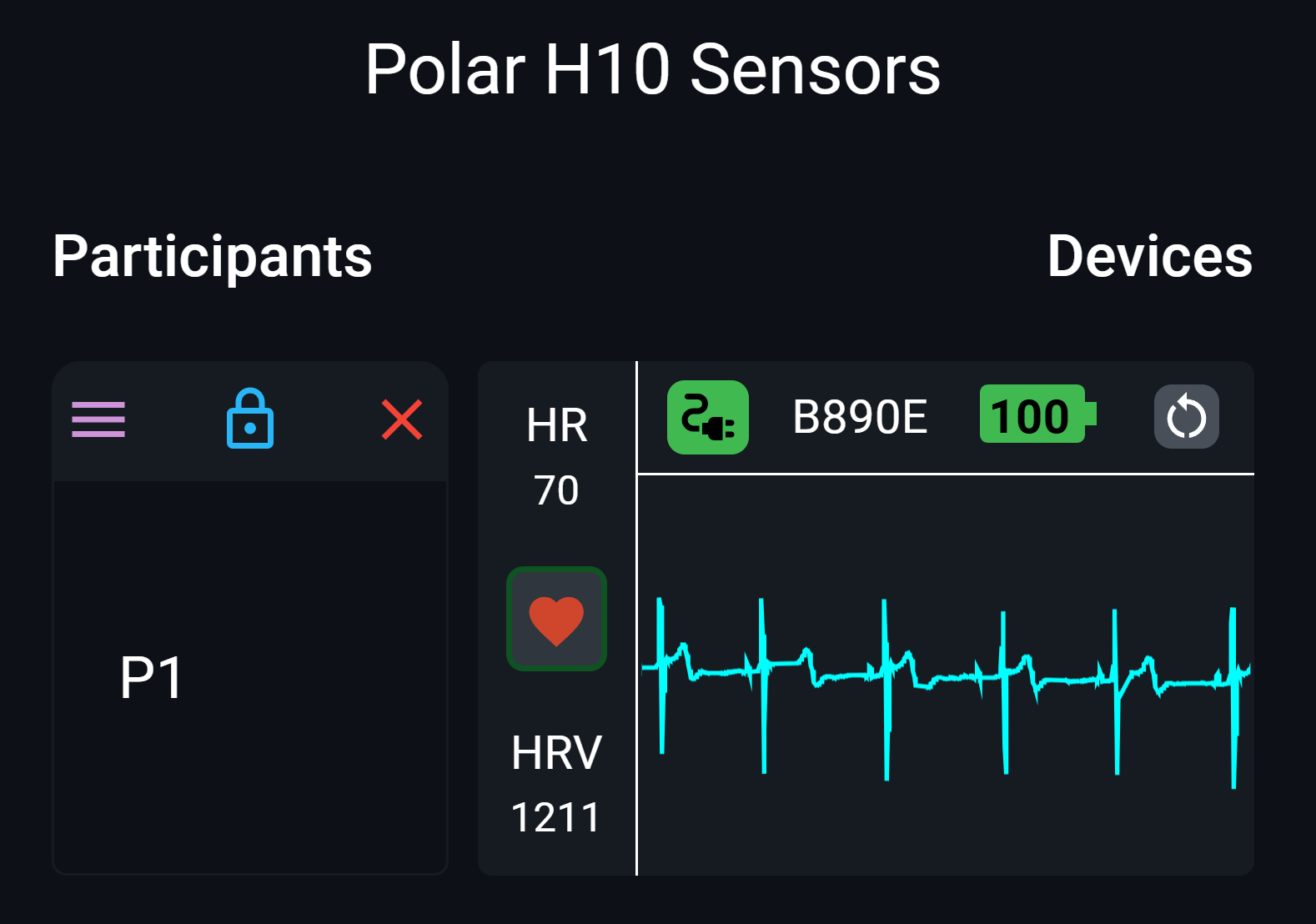 A view called Polar H10 Sensors with participant P1 on the left and their electrocardiogram on the right.