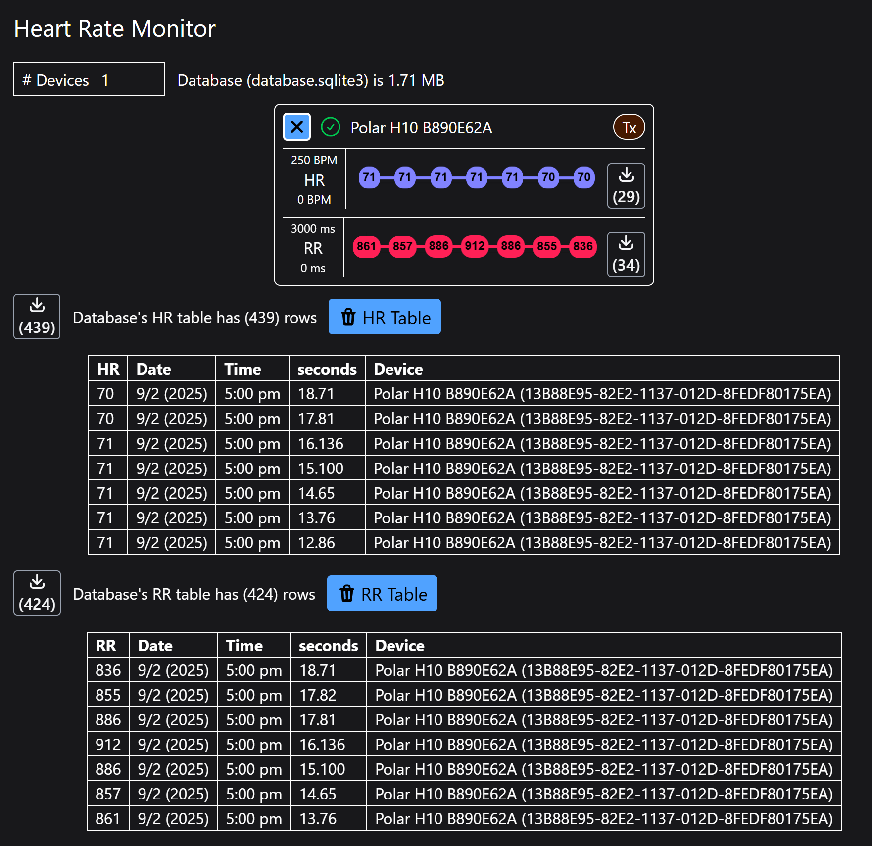 A view called Heart Rate Monitor with two plots of numbers and two tables of data from a sensor